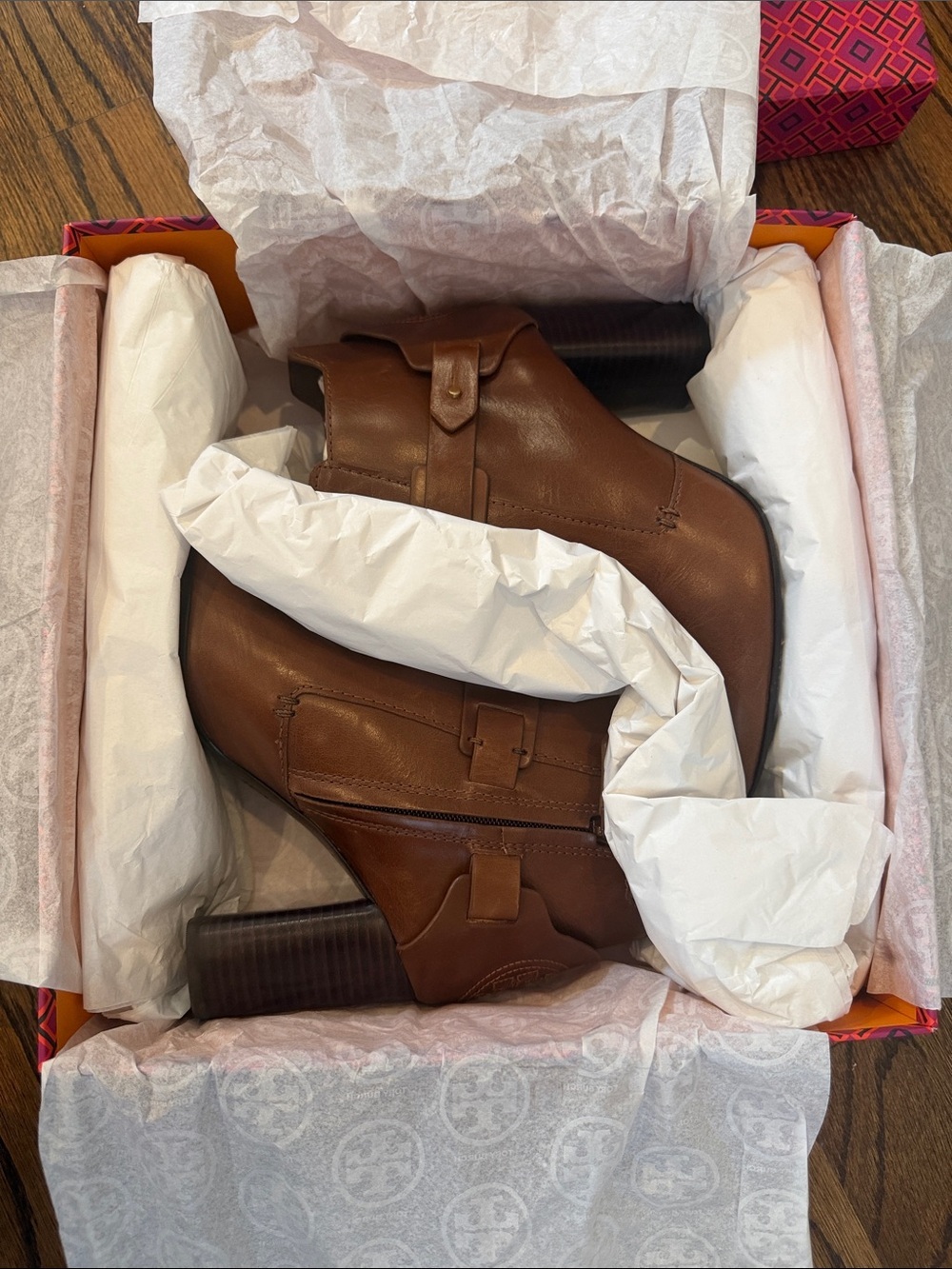Tory Burch Chestnut Leather Ankle Boot with Block Heel - Picture 3 of 6